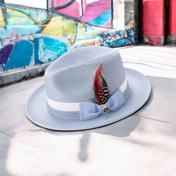 MONTIQUE MENS CAROLINA 2 1/2" BRIM 2 TONE  HAT W/ GROSGRAIN BAND & FEATHER H91 - Picture 1 of 2